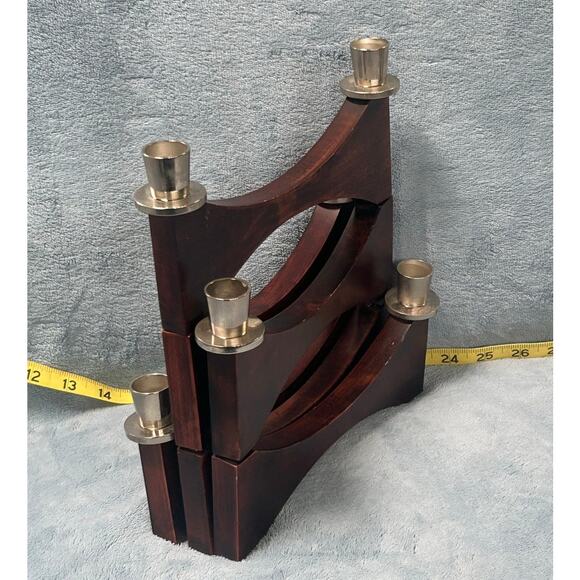 Mid Century Wood and Silver Folding Expanding Candelabra Scandinavian - Picture 5 of 6